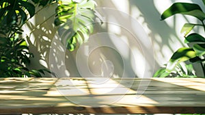 Generative AI wood table background with sunlight window create leaf shadow on wall with blur indoor green plant f