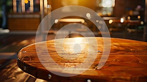 Generative AI wood table on blur of cafe coffee shop bar background can used for display or montage your products