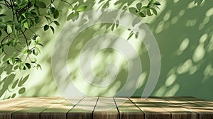 Generative AI wood table green wall background with sunlight window create leaf shadow on wall with blur indoor gr