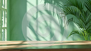 Generative AI wood table green wall background with sunlight window create leaf shadow on wall with blur indoor gr