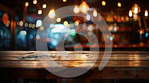 Generative AI Wood table top Bar with blur light bokeh in dark night caferestaurant background Lifestyle and celeb photo