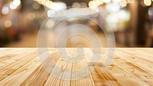 Generative AI Wood table top on blur bokeh coffee shop or cafe restaurant background Can be used for display or mo