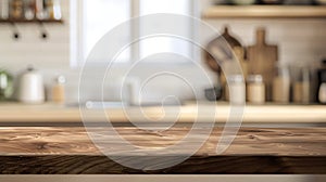 Generative AI Wood table top on blur kitchen counter room background For montage product display or design key vis
