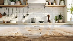 Generative AI Wood table top on blur kitchen counter roombackgroundFor montage product display or design key visua