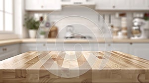 Generative AI Wood table top on blur kitchen room background For montage product display or design key visual layo