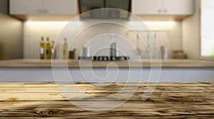 Generative AI Wood table top on blur kitchen room background For montage product display or design key visual layo