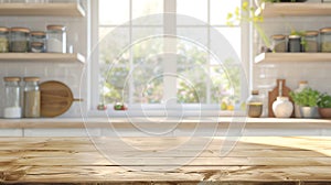 Generative AI Wood table top on blur kitchen window background panoramic banner  can be used for display or montag