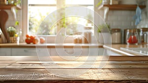 Generative AI Wood table top on blur kitchen window background panoramic banner  can be used for display or montag