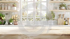 Generative AI Wood table top on blur kitchen window background panoramic banner  can be used for display or montag