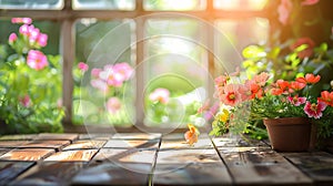 Generative AI Wood table top on blur of window with garden flower background in morningFor montage product display