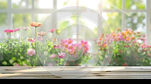 Generative AI Wood table top on blur of window with garden flower background in morningFor montage product display