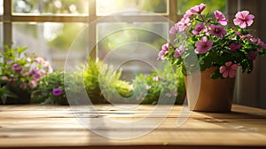 Generative AI Wood table top on blur of window with garden flower background in morningFor montage product display