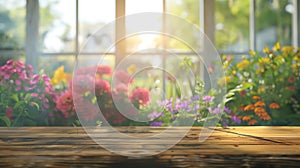 Generative AI Wood table top on blur of window with garden flower background in morningFor montage product display