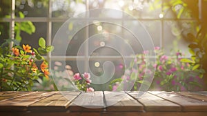Generative AI Wood table top on blur of window with garden flower background in morningFor montage product display