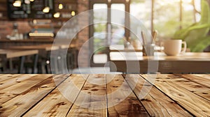 Generative AI Wooden board empty table in front of blurred background Perspective brown wood over blur in coffee s