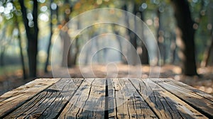 Generative AI Wooden board empty table in front of blurred background Perspective brown wood over blur trees in fo