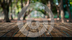 Generative AI Wooden board empty table in front of blurred background Perspective brown wood over blur trees in fo