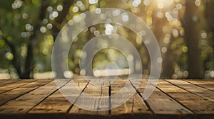 Generative AI Wooden board empty table in front of blurred background Perspective brown wood over blur trees in fo