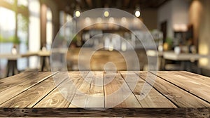 Generative AI Wooden board empty Table Top And Blur Interior over blur in coffee shop Background Mock up for displ