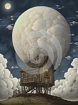 Generative AI: A wooden house, in a remote ladscape at night with big moon