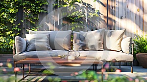Generative AI wooden sofa and metal table in yard patio of beautiful house in the gardenclose up business concept.