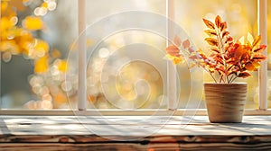 Generative AI Wooden table on blurred autumn window with plant pot background business concept.