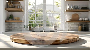 Generative AI Wooden table on blurred background of kitchen window and shelves business concept.