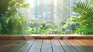 Generative AI Wooden table top on blur window glass and abstract green color from garden with city view on morning