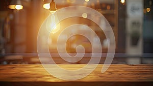 Generative AI Wooden table top on blurred shop window of cafe with light bulb Background for product display monta