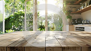 Generative AI Wooden table top with blurry kitchen background of free space Country style design kitchen with big