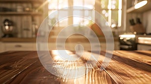 Generative AI Wooden texture table top on blurred kitchen window background business concept.