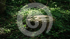 Generative AI Woodland walk  green countryside scene  flat lay of tree stump blank pack shot for ipad kindle table