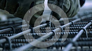 Generative AI A worker uses steel tying wire to fasten steel rods to reinforcement bars Closeup Reinforced concret