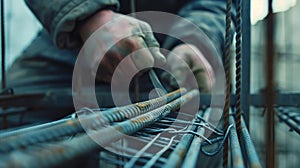 Generative AI A worker uses steel tying wire to fasten steel rods to reinforcement bars Closeup Reinforced concret