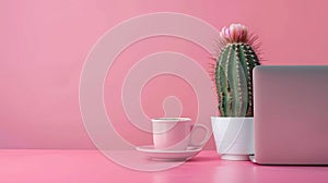 Generative AI Working with Laptop computerHot coffee and cactus copy space on pink table backgroundTop viewFlat la