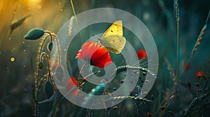 Generative AI Yellow butterfly on red poppy flower in nature in blooming grass closeup macro business concept.
