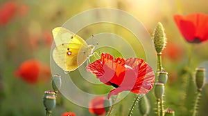 Generative AI Yellow butterfly on red poppy flower in nature in blooming grass closeup macro business concept.