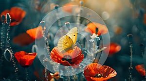 Generative AI Yellow butterfly on red poppy flower in nature in blooming grass closeup macro business concept.