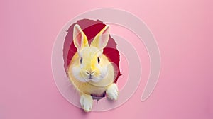 Generative AI Yellow Easter bunny looks out of an eggshaped hole in the pink background wall Abstract concept Squa photo