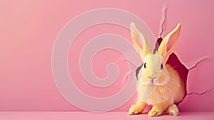 Generative AI Yellow Easter bunny looks out of an eggshaped hole in the pink background wall Abstract concept Squa photo