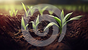 Generative AI, Young plant Growing In sunlight from the ground, macro photorealistic illustration, agricultural vegetable. Nature