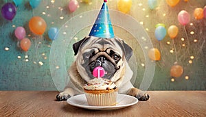 Generative Ai young pug is licking a birthday cake on a table
