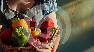 Generative AI Young woman with a basket full of peppers from the garden Organic vegetables Close up business conce