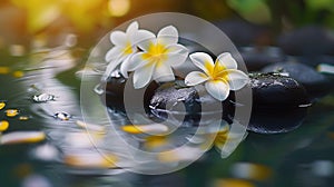 Generative AI Zen spa concept background - Zen massage stones with frangipani plumeria flower in water reflection