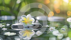 Generative AI Zen spa concept background - Zen massage stones with frangipani plumeria flower in water reflection