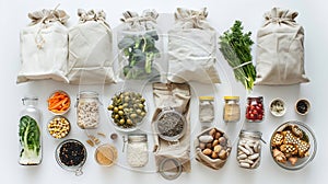 Generative AI Zero waste shopping concept  groceries in textile bags and glass jars top view business concept.