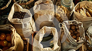 Generative AI Zero waste shopping concept  groceries in textile bags and glass jars top view business concept.