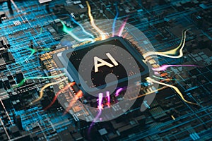 A generative artificial intelligence cpu that emits colorful light, 3d rendering
