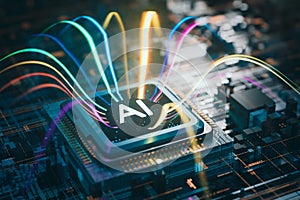 A generative artificial intelligence cpu that emits colorful light, 3d rendering