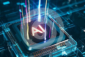 A generative artificial intelligence cpu that emits colorful light, 3d rendering